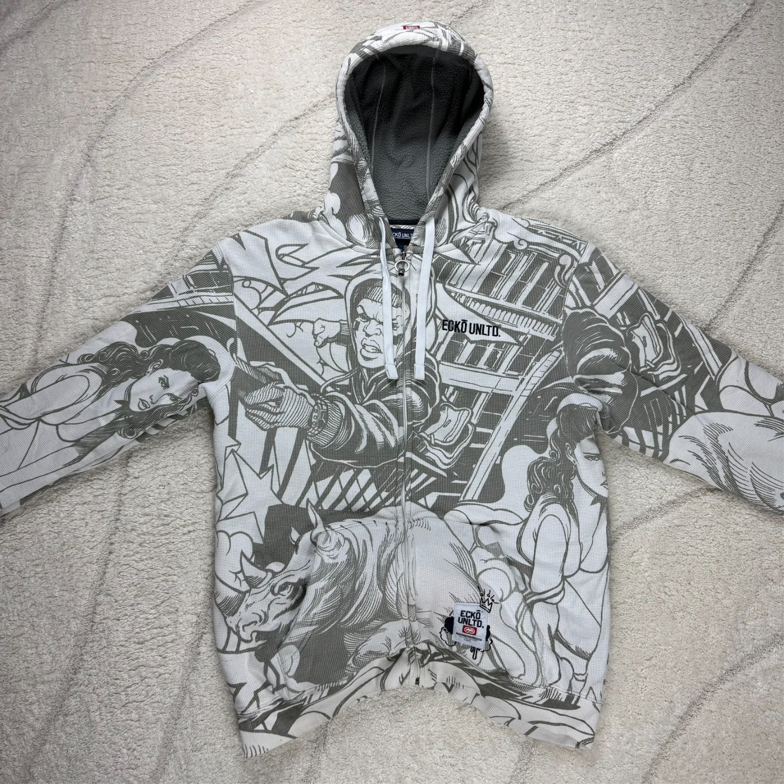 Vintage Ecko Untld 2000's Y2K White Full Zip Comic AOP Oversized Sz Large Hoodie image 2