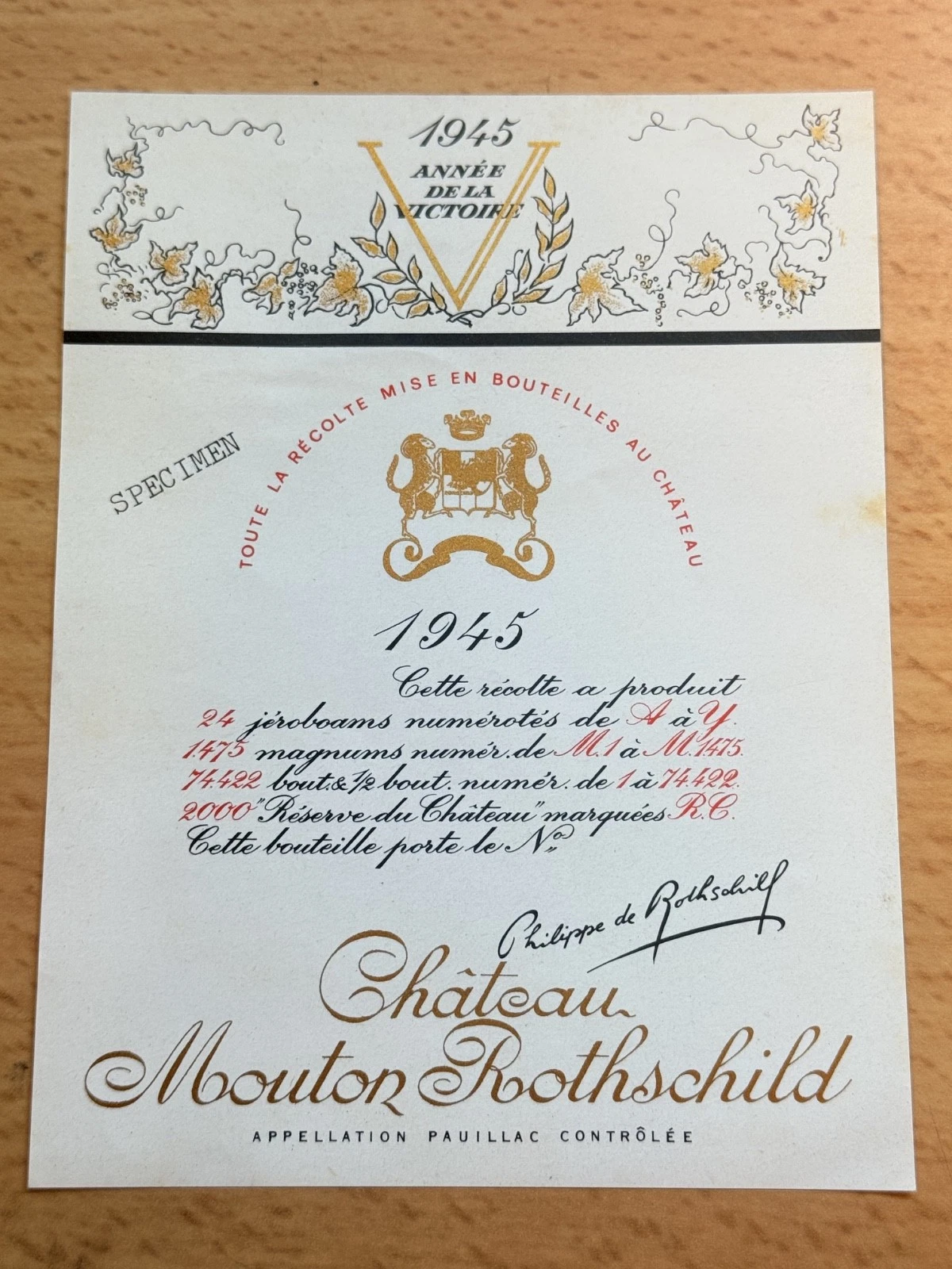 Étiquette De Vin Château Mouton Rotschild Spécimen 1945