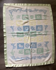 Vtg Baby Blanket Woven Satin Edge Block Pastel Ducks Ball Car Bear 33 X 41