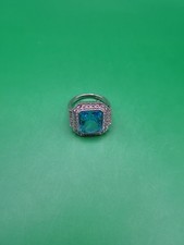 Silver Tone Blue Stone Cushion Cut Halo Ring Crystal Statement Costume Jewellery