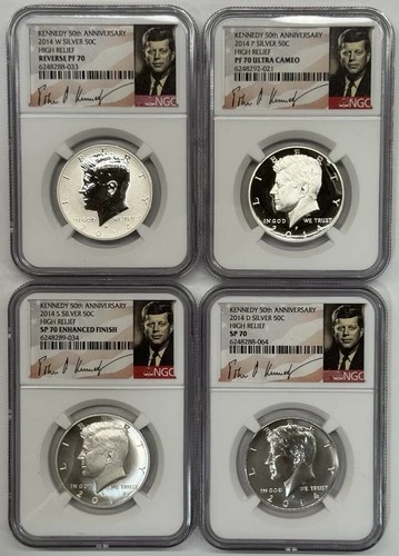 2014 Kennedy 50th Anniversary Silver High Relief NGC PF70 SP70 4 Coin Set