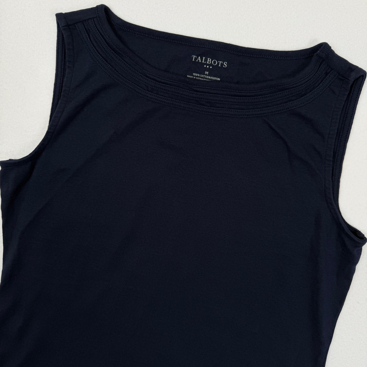 Talbots Navy Blue Cotton Pintuck Boat Neck Sleeveless Top Tank
