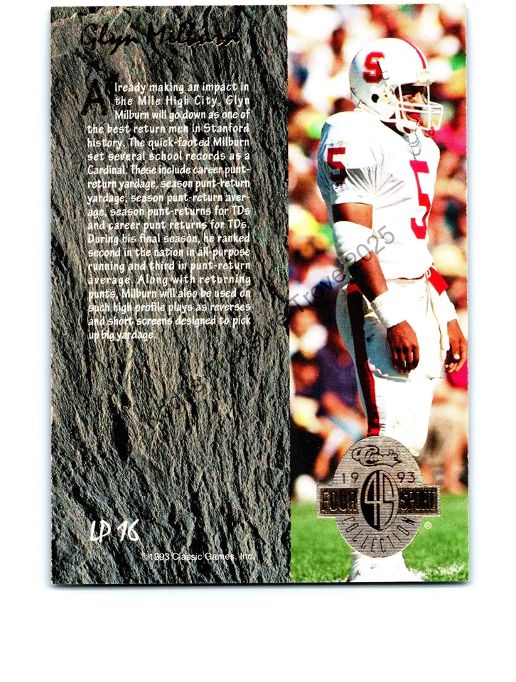 Glyn Milburn #LP16 Stanford Cardinal 1993 Classic Four Sport Near Mint or Better - Image 2 of 2
