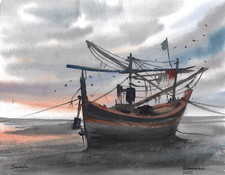 Fischtrawler Meereslandschaft Originalgemälde 25 x 32 cm Kunstwerk Aquarell
