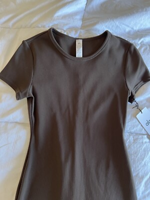 Alo Yoga Alo Goddess Ribbed Short Sleeve Dress Espresso Brown