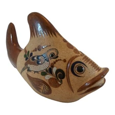 VTG Tonala Mexican Pottery Large Art Fish Hand Painted Bird Flowers Mexico C.O