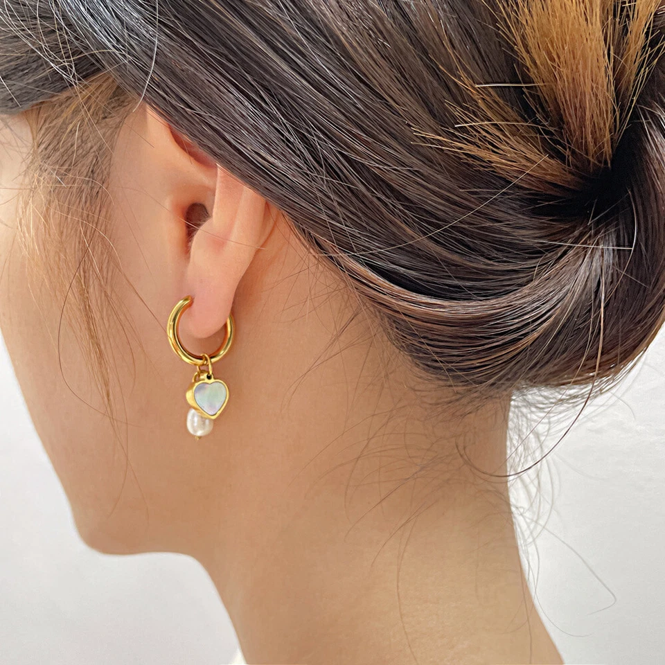 Edelstahl Creolen mit Anhängern Barockperlen & Perlmutt-Herz Ohrringe Süßwasse - Bild 4 von 4