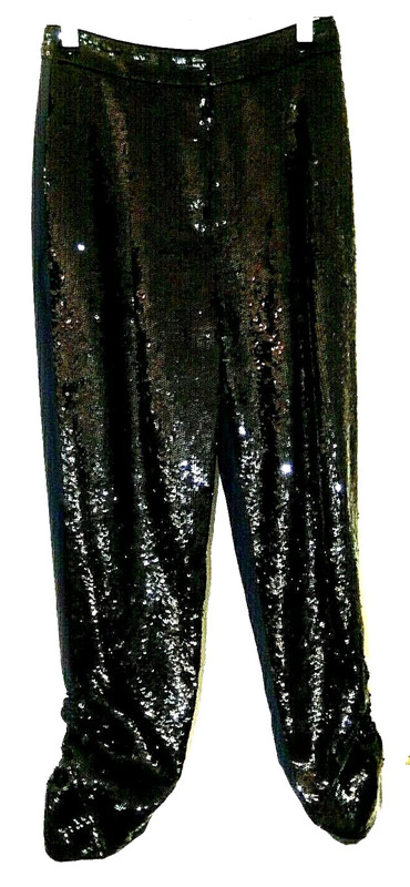 TIBI Dressy Sequin Front Pants w Ruched Leg Pull-2/3 black NICE!  $895 list