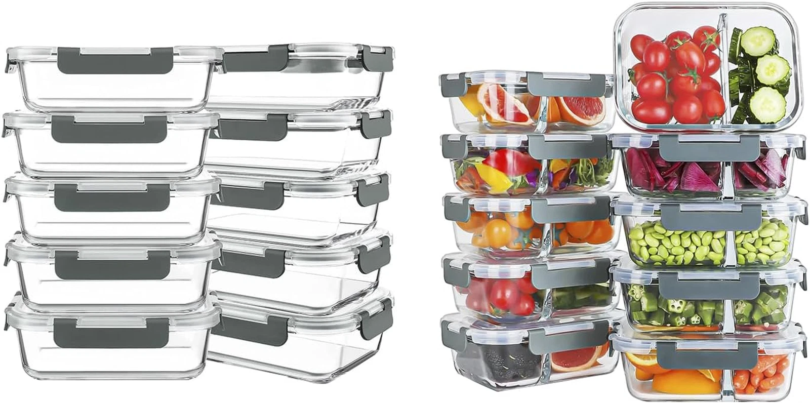 30 Oz Glass Meal Prep Containers Set - 10 Packs, 1 & 2 Compartments, Oven Safe