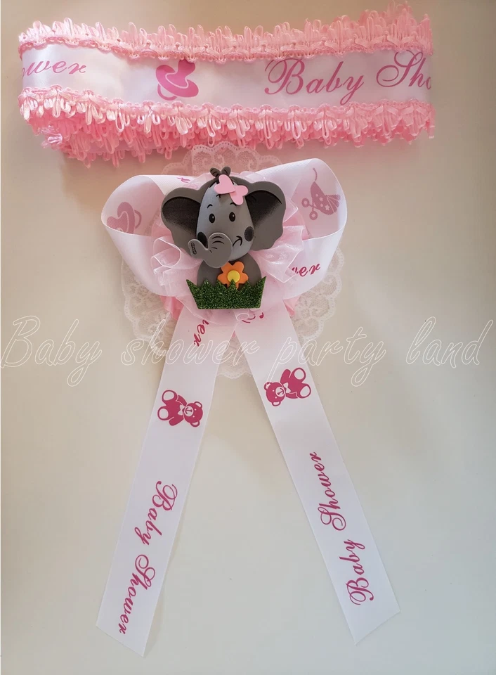 Baby Shower Mom To Be It's a Girl Sash Pink Elephant Safari Ribbon Corsage Noahs - Image 2 of 4