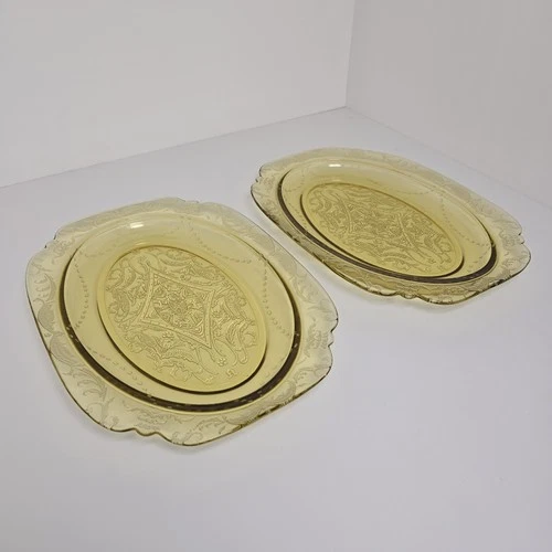 2 Vintage Depression Federal Glass Amber Madrid Oval 11"x8" Grandma's Platters