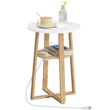 Round Side Table with Charging Station, Round Accent End 1 White and Natural