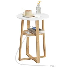  Round Side Table with Charging Station, Round Accent End 1 White and Natural