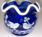 Fenton Hand Painted Cobalt Blue Rose Bowl & Snow Crest, Signed by Nancy Fenton