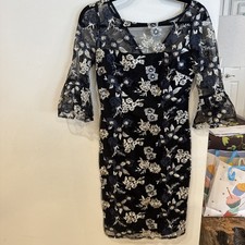 Adrianna Papell Black Mesh Floral Embroidered Dress Size 2 Elegant Sheer Sleeve 