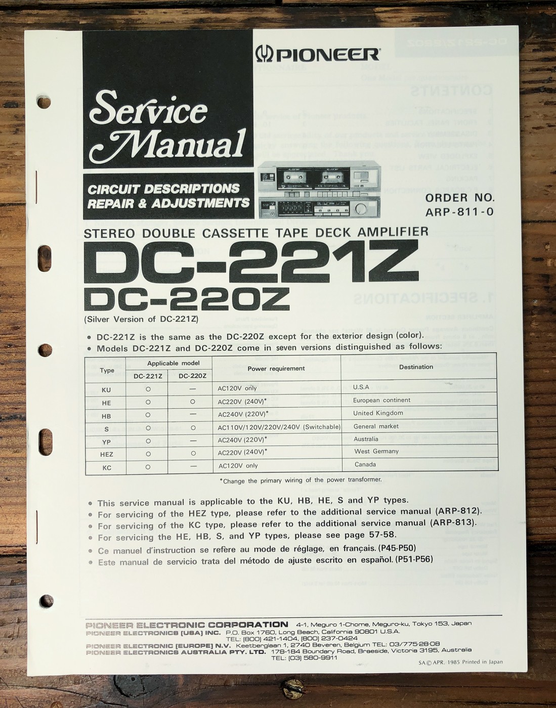 Pioneer DC-221Z DC-220Z Double Cassette Deck Amplifier Service Manual *Original*