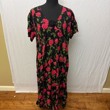 Vintage Zoe California Black Red Rose Floral Rayon Maxi Dress Made in USA