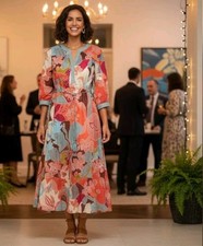 Abito midi floreale cotone et cetera manica 3/4 taglio A-line taglia 4 $395 prezzo al dettaglio consigliato nuovo con etichette