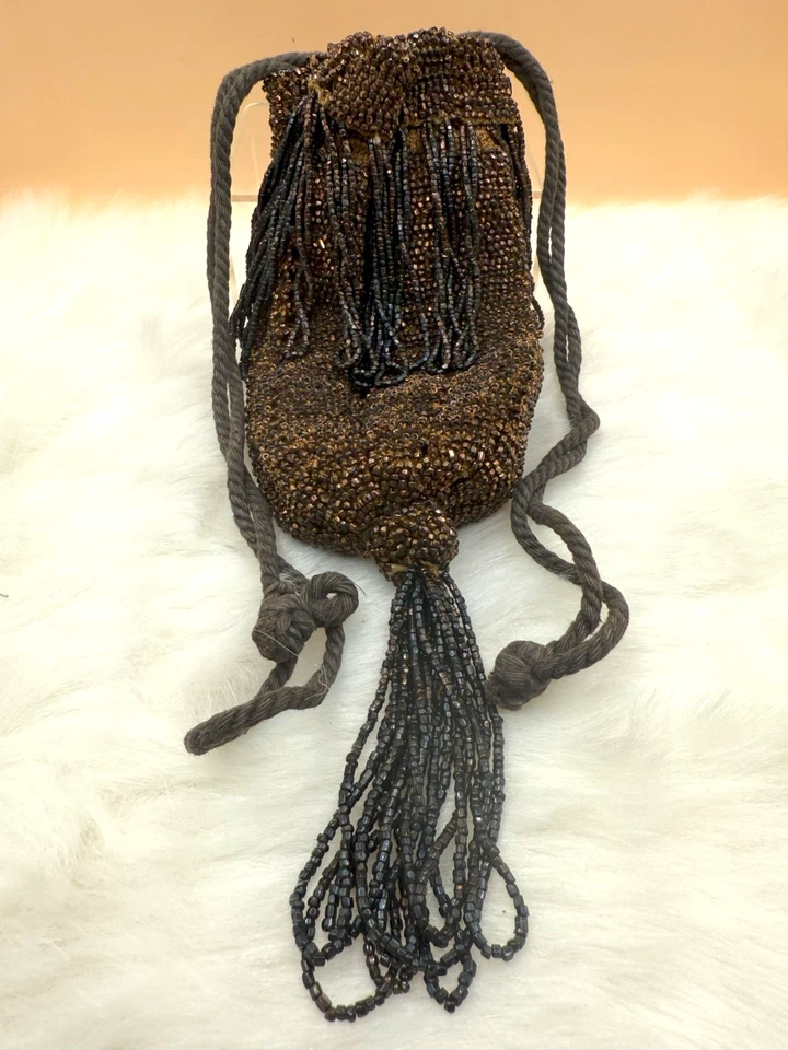 Antique Victorian Brown/Copper Beaded Drawstring Reticule Pouch Bag   - Image 2 of 4