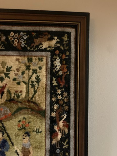 Vtg Handmade Needlepoint Tapestry Persian Style Country Scene Figure On Horsebac - Picture 4 of 14