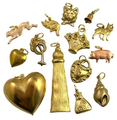 Vintage Jewelry Lot Charm Pendant Heart Pig Rabbit Cat Dog BRASS AS IS CRAFT