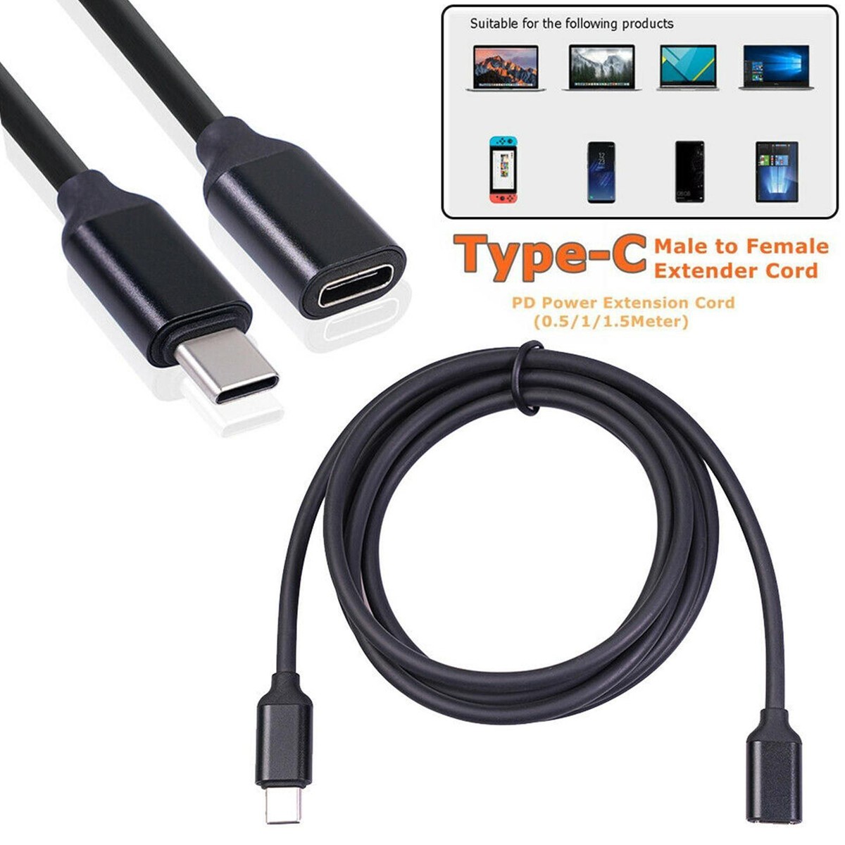 Cavo Prolunga USB Type-C Maschio-femmina, Supporta PD E Sincronizzazione. Lunghezza A Scelta: 0.5m, 1m O 2m, Colore Nero.