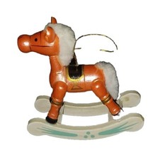 Vintage 1980s Wooden Rocking Horse Christmas Ornament Pink