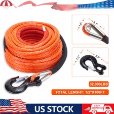32000lbs 12x100ft Synthetic Winch Rope Line Recovery Cable Whook Truck Towing