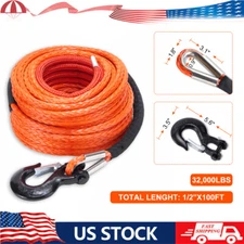 32000lbs 1/2"x100ft Synthetic Winch Rope Line Recovery Cable W/Hook Truck Towing