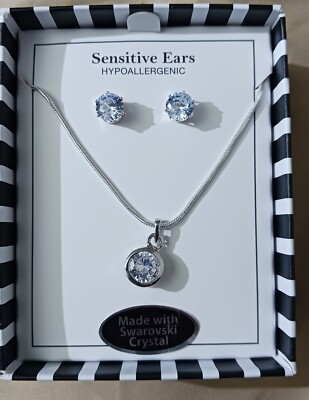 Swarovski Crystal Necklace & Earrings Set Silver Plated 18'' Chain Gift New