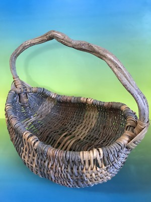 Natural Vintage Large woven Buttocks Gathering Egg Basket Wood Handle Folk Art