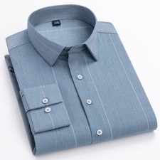 Mens Office Dress Shirts Formal Long Sleeves Business Bamboo Strip Casual Shirts