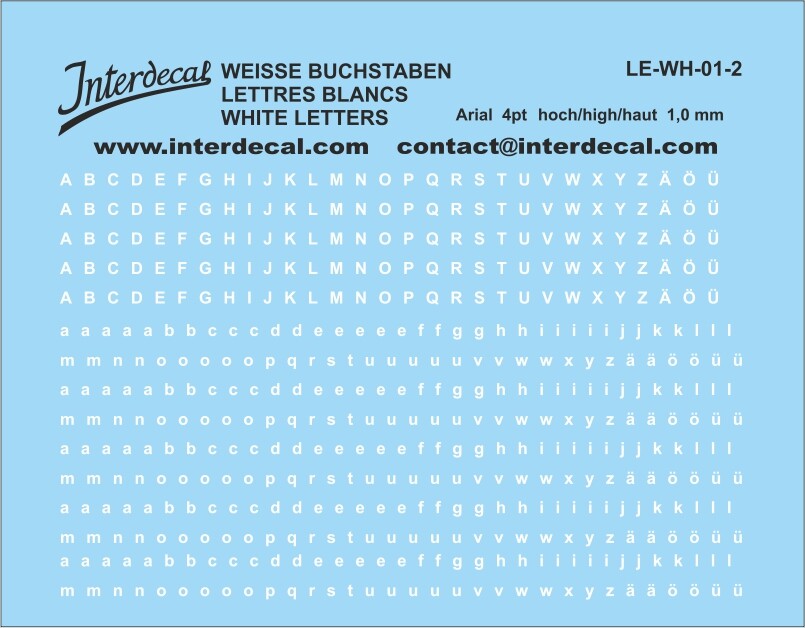 Letras Arial 4 pt. Imagen deslizante húmeda calcomanía blanca 48x43mm INTERDECAL