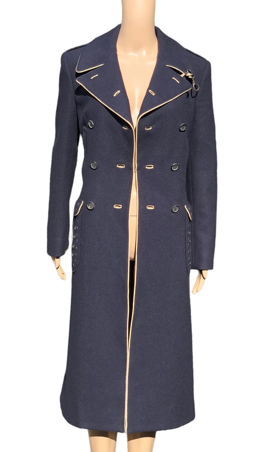 Prada cappotto lungo blu scuro con rifiniture beige e toppe gomito cristallo tg 6 eu 42