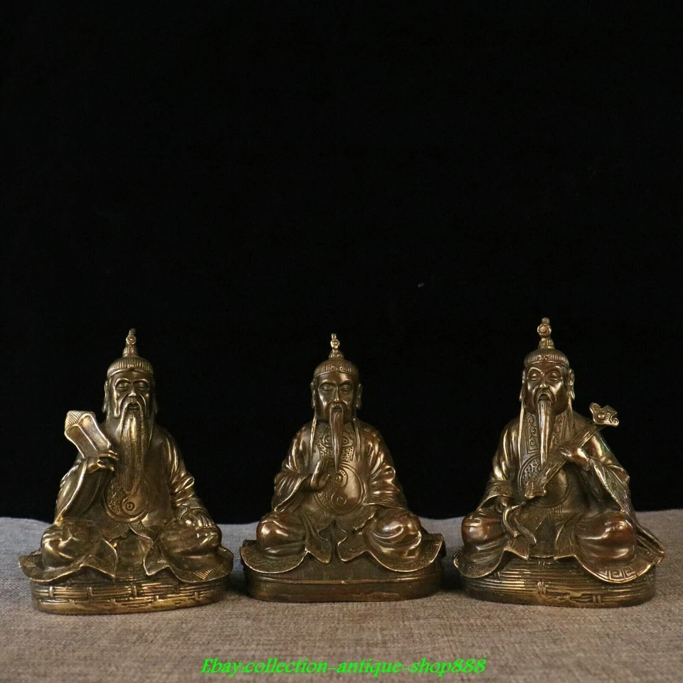 6" Old Chinese Brass Feng Shui Taoism Lord Lao Zi of the Great Monad Statue Set - Image 2 of 4
