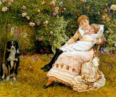MOTHER DAUGHTER DOG FLOWERS HAPPY AS THE DAY IS LONG BY EDWARD K JOHNSON REPRO