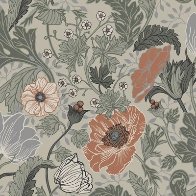 33001  Apelviken2 Floral Poppies Green, Orange & Gray Galerie Wallpaper