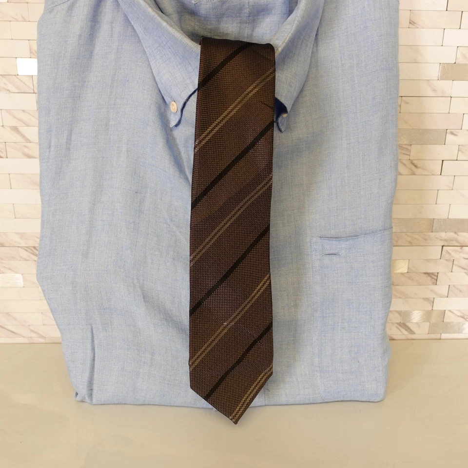 Skinny Tie Mens Black Brown Striped Textured Classic Necktie Suit ATELIER 365 - Image 3 of 4