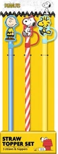 Peanuts Set of 3 Silicone Straws w Rubber Figural Toppers Spoontiques NEW UNUSED