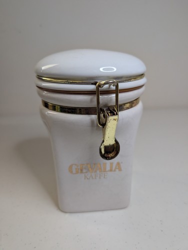 Gevalia Kaffe Ceramic Airtight Canister Jar Coffee Tea Storage Gold Clasp Cream