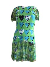 VERSACE H&M silk green blue heart fringe flapper art deco dress UK 8 US 4 BNWT