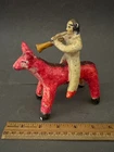 MEXICAN TEXTURED CLAY FOLK ART POTTERY MUSICIAN PLAYING TRUMPET RIDING A DONKEY
