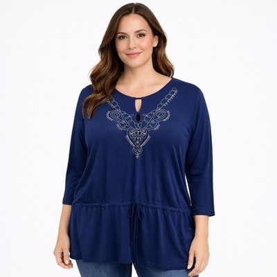 White Stag Navy Embroidered Peplum Hem Tunic Top Size 2X 4056