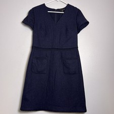 Banana Republic Wool Silk Shift Dress Navy Blue Front Pocket Sz 4 Preppy Office