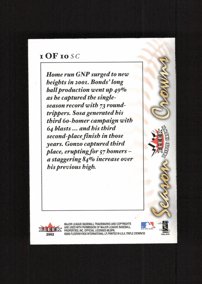 2002 Fleer Triple Crown Season Crowns Barry Bonds / Sammy Sosa/Gonzalez - Image 2 of 2