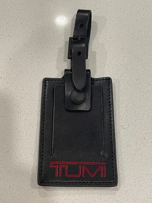 NEW TUMI Alpha Black Leather Luggage Name Tag w/ Red Tumi logo lettering   NWOT