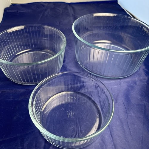 Vintage Pyrex Clear Glass Ribbed Bowl Set Of 3 Baking Dishes Casserole Soufflé