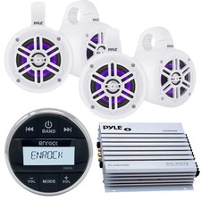 Enrock Marine Gauge Receiver, 4x Pyle 4" 300W Bluetooth LED Speakers w/Amplifier