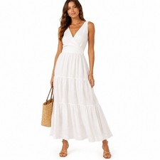 Ralph Lauren White Dress 100% Linen Tiered Cotton Lined Coastal Cottagecore 8