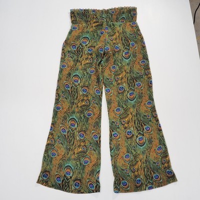 Show Me Your Mumu Palazzo Pants Women S/M Peacock Feather Wide Leg Sheer Lined
